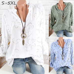 Fashion Women Printing Long Sleeve Shirt Loose V-neck Blouse Autumn Plus Size Blouses Shirts