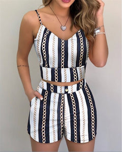 Fashion Women Shorts Suits 2Pieces Sets Summer Office Lady Floral Strap Tank Crop Top+High Waist Button Shorts Female Outfits