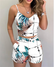 Load image into Gallery viewer, Fashion Women Shorts Suits 2Pieces Sets Summer Office Lady Floral Strap Tank Crop Top+High Waist Button Shorts Female Outfits