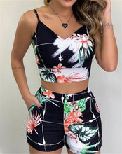 Load image into Gallery viewer, Fashion Women Shorts Suits 2Pieces Sets Summer Office Lady Floral Strap Tank Crop Top+High Waist Button Shorts Female Outfits