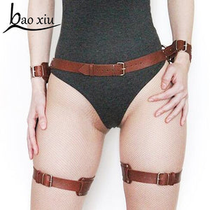 Fashion Women men cool erotic harness leather belt bondage Leggings gothic punk Faux Leather metal Sexy leg garters belt Straps