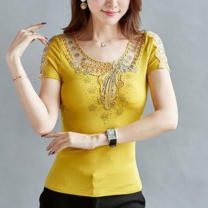 Fashion casual short sleeve women t-shirt Elegant slim Diamonds Embroidered Women tops mesh plus size summer t shirt women shirt