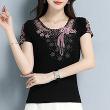 Load image into Gallery viewer, Fashion casual short sleeve women t-shirt Elegant slim Diamonds Embroidered Women tops mesh plus size summer t shirt women shirt