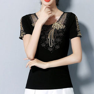 Fashion casual short sleeve women t-shirt Elegant slim Diamonds Embroidered Women tops mesh plus size summer t shirt women shirt