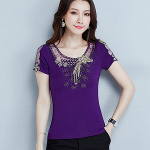 Fashion casual short sleeve women t-shirt Elegant slim Diamonds Embroidered Women tops mesh plus size summer t shirt women shirt