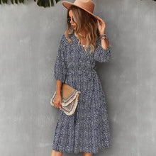 Load image into Gallery viewer, Fashionable Women&#39;s Dress 2021 Waist Slim Fall Winter Big Swing Floral Print Dress Office Lady V Neck Long Dress With Belt Femme