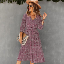 Load image into Gallery viewer, Fashionable Women&#39;s Dress 2021 Waist Slim Fall Winter Big Swing Floral Print Dress Office Lady V Neck Long Dress With Belt Femme