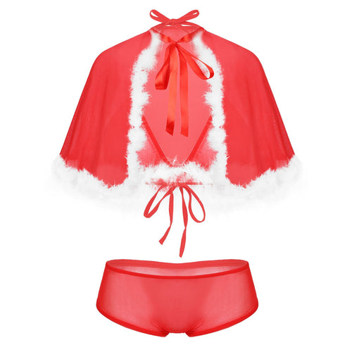 Female Christmas Lingeries Sets New Sexy Lace Bra Briefs and Cape Top Thong Underwear Suits Women Christmas Red Clothing Suit
