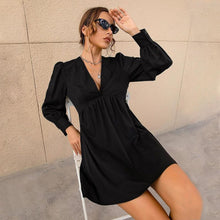 Load image into Gallery viewer, Female Dress Sexy Solid Vestidos Basic Female Clothing Puff Sleeve V-Neck Female Party Dresses Women Robe Autumn Casual Fashion