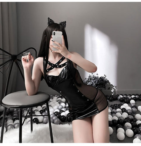 Female Erotic Latex Leather Uniform Pole Dance Short Skirt Cosplay Hollow Out Role Play Sexy Lingerie Nightwear Dress