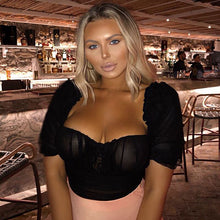 Load image into Gallery viewer, Female Hollow Out Princess Sleeves Bodysuit Sexy 2021 Summer New Solid Mesh Fashion Short Sleeve Women Perspective Bodycon