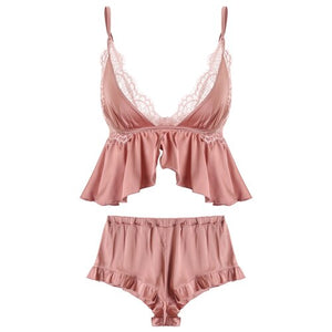 Female Ice Silk Sexy Pajamas Set Solid Color Sling Tops and Shorts Women Sleepwear Two-piece Pajamas Underwear Set Pijama Mujer