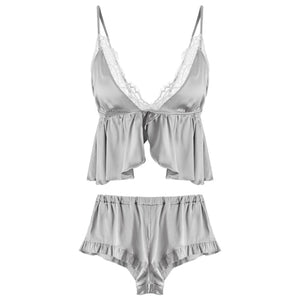Female Ice Silk Sexy Pajamas Set Solid Color Sling Tops and Shorts Women Sleepwear Two-piece Pajamas Underwear Set Pijama Mujer