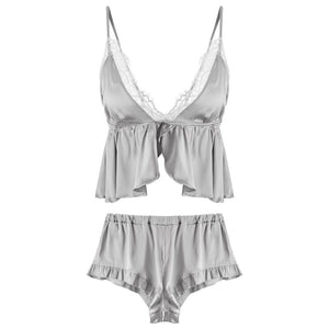 Female Ice Silk Sexy Pajamas Set Solid Color Sling Tops and Shorts Women Sleepwear Two-piece Pajamas Underwear Set Pijama Mujer