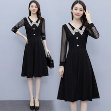 Load image into Gallery viewer, Female Lace Long Sleeve Patchwork V-Neck Button High Waist Plus Size Fashion Korean Slim Knee Length Dress Women Vestidos M-5XL