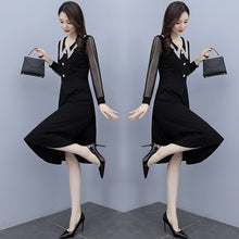 Load image into Gallery viewer, Female Lace Long Sleeve Patchwork V-Neck Button High Waist Plus Size Fashion Korean Slim Knee Length Dress Women Vestidos M-5XL