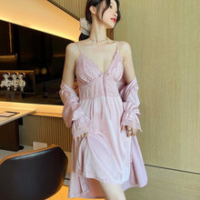 Load image into Gallery viewer, Female Sexy Silk Pajamas Silk Bathrobes Dress Nightgown Set Nightdress Lace Robes Homewear Clothing With Chest Pad