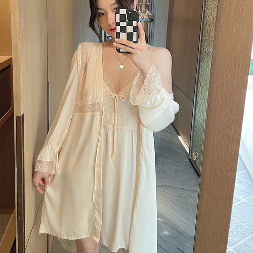 Female Sexy Silk Pajamas Silk Bathrobes Dress Nightgown Set Nightdress Lace Robes Homewear Clothing With Chest Pad