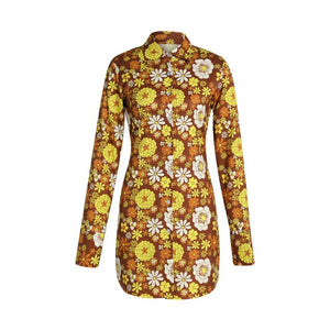 Female Shirt Dress Autumn Flower Print Turn-Down Collar Long Sleeve Dress for Ladies Green Yellow S M L XL