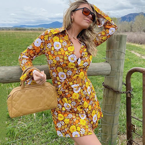 Female Shirt Dress Autumn Flower Print Turn-Down Collar Long Sleeve Dress for Ladies Green Yellow S M L XL