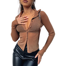 Load image into Gallery viewer, Female Shirt Solid Color Turn-Down Collar Long Sleeve Tops See-Through Blouse for Adults Women Black Brown