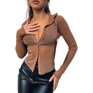 Female Shirt Solid Color Turn-Down Collar Long Sleeve Tops See-Through Blouse for Adults Women Black Brown