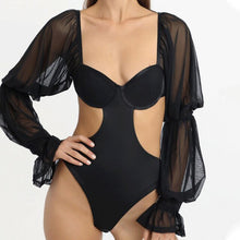 Load image into Gallery viewer, Female Strapless Puff Sleeve Bodysuit Sexy 2021 Summer New Solid Mesh Fashion Long Sleeve Women Slim Backless Bodycon