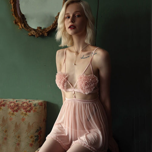 Female Summer sexy Peach heart flower Strap Night Dress Short Back French lace Thin Sexy Home  girl heart Nighty uniform set