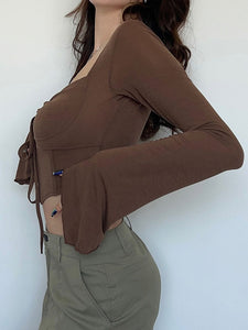 Fishbone Skinny Crop Top Women Spring Summer Vintage Flare Sleeve Drawstring Sexy T Shirt American Retro Bodycon Tee Y2K Clothes