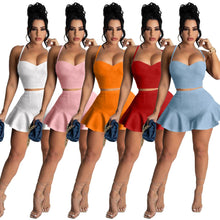 Load image into Gallery viewer, Fitness Sporty Women's Tracksuit Caual Women Spaghetti Strap Top + Ruffles Hems Shorts Solid Color Streetwear Summer Sweatsuit