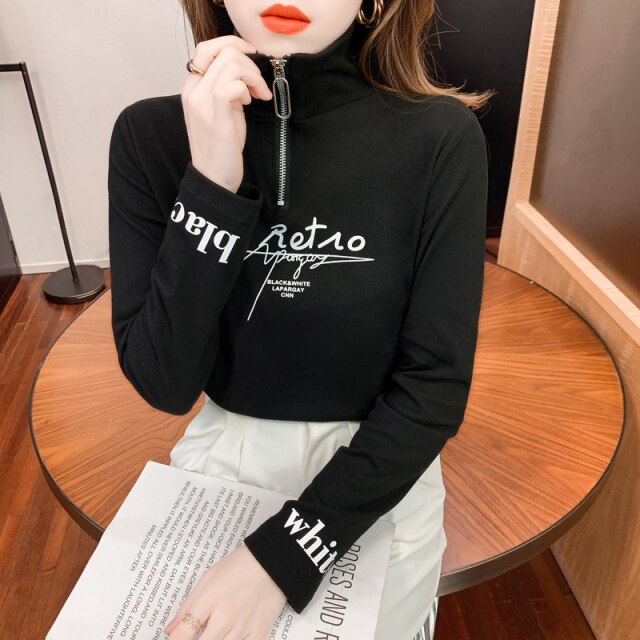 Fleece High-neck Brushed Women's Bottoming Shirt Autumn and Winter 2021 New Zipper Long-sleeved T-shirt Top Women