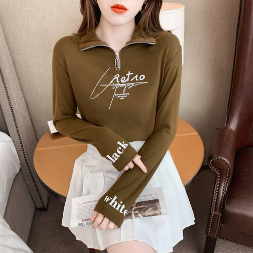 Fleece High-neck Brushed Women's Bottoming Shirt Autumn and Winter 2021 New Zipper Long-sleeved T-shirt Top Women
