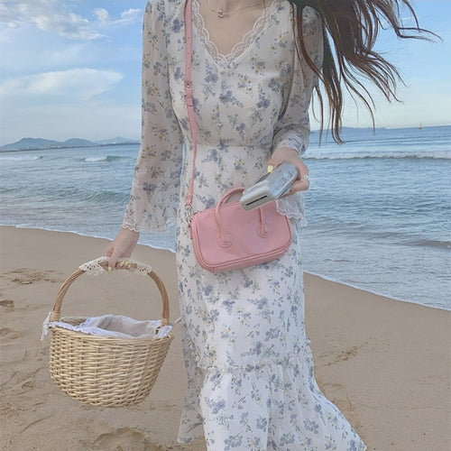 Floral Beach Evening Party Midi Dresses Women Lace Print Sweet Korean Casual Elegant Dress Long Sleeve Boho Sundress Summer 2021
