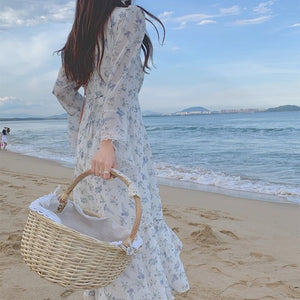 Floral Beach Evening Party Midi Dresses Women Lace Print Sweet Korean Casual Elegant Dress Long Sleeve Boho Sundress Summer 2021