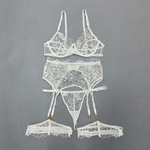 Load image into Gallery viewer, Floral Embroidery Erotic Lingerie Woman Sexy Underwear Brief Set with Garters Transparent Underwire Erotic Brief Sets Intimate