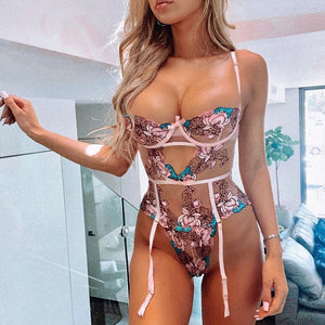 Floral Embroidery Lingerie Bodysuit Lace Bodysuit Women Sexy Mesh Top See-Through Underwire Bra with Garters Exotic Bodysuit
