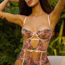 Load image into Gallery viewer, Floral Embroidery Lingerie Bodysuit Lace Bodysuit Women Sexy Mesh Top See-Through Underwire Bra with Garters Exotic Bodysuit