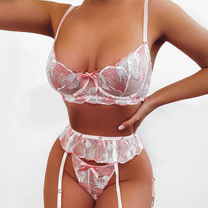 Floral Embroidery Sensual Lingerie Women&#39;s Underwear Fancy Transparent Bra and Brief Set with Graters Sexy Lace Erotic Intimate