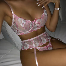 Load image into Gallery viewer, Floral Embroidery Sensual Lingerie Women&#39;s Underwear Fancy Transparent Bra and Brief Set with Graters Sexy Lace Erotic Intimate