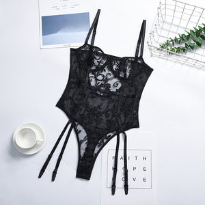 Floral Embroidery Sexy Lingerie Sling Bodysuit Lace Straps Women Mesh See-Through Sensual Lingerie Exotic Garters Underwear Set