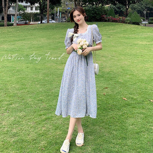 Floral French Dress Elegant Women 2021 Summer V-Neck Short Sleeve Fairy Dress Print Chic Retro Sweet One-piece Dress