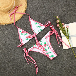 Floral Print Bathing Suit Women 2021 Sexy Backless Triangle Bikini Bandage Push Up Bra Swimwear Lady Low Waist String Bikini Set