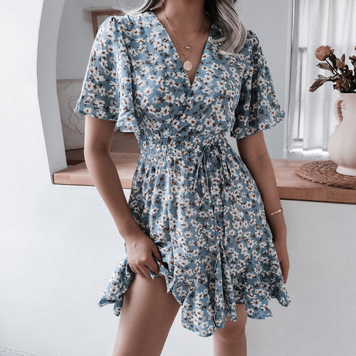 Floral Print Chiffon Dress 2022 Summer Short Sleeve Mini Dresses Girls Sexy V-neck Beach Dresses Short Dress Sundress Vestidos