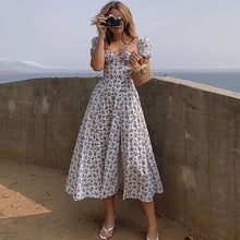 Load image into Gallery viewer, Floral Print Dress Sweet Puff Sleeve Side Spilt Drawstring A Line Midi Dresses Women Summer Party Chic Casual Outfits 2021 New