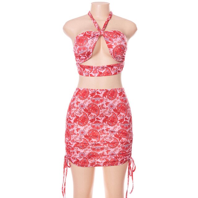 Floral Print Mini Dress Sets Women Fashion Summer Holiday Party Halter Crop Top Short Skirt Suits Backless Tight 2 Two Piece Set