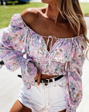 Load image into Gallery viewer, Floral Print Off Shoulder Notched Shirred Frill Hem Crop Tops Women Blouses