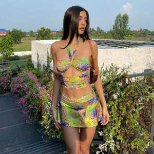 Floral Print Sexy Backless Bodycon Club Party Dress Women Two Piece Set Halter Crop Top and Mini Skirts Summer Vacation Outfits