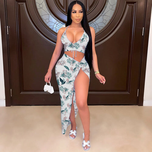 Floral Print Summer Two Piece Dress Set Summer Outfit for Women Spaghetti Strap Crop Top and Side High Split Maxi Skirt 2021