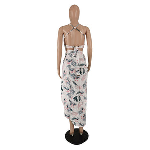 Floral Print Summer Two Piece Dress Set Summer Outfit for Women Spaghetti Strap Crop Top and Side High Split Maxi Skirt 2021