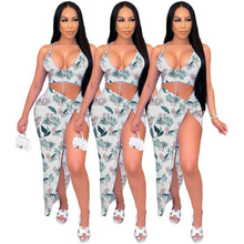 Load image into Gallery viewer, Floral Print Summer Two Piece Dress Set Summer Outfit for Women Spaghetti Strap Crop Top and Side High Split Maxi Skirt 2021